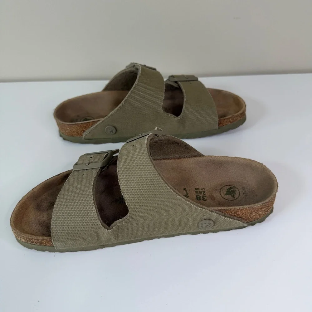 Birkenstock Arizona Women 38N Vegan Olive Double Strap Buckle Slides Boho